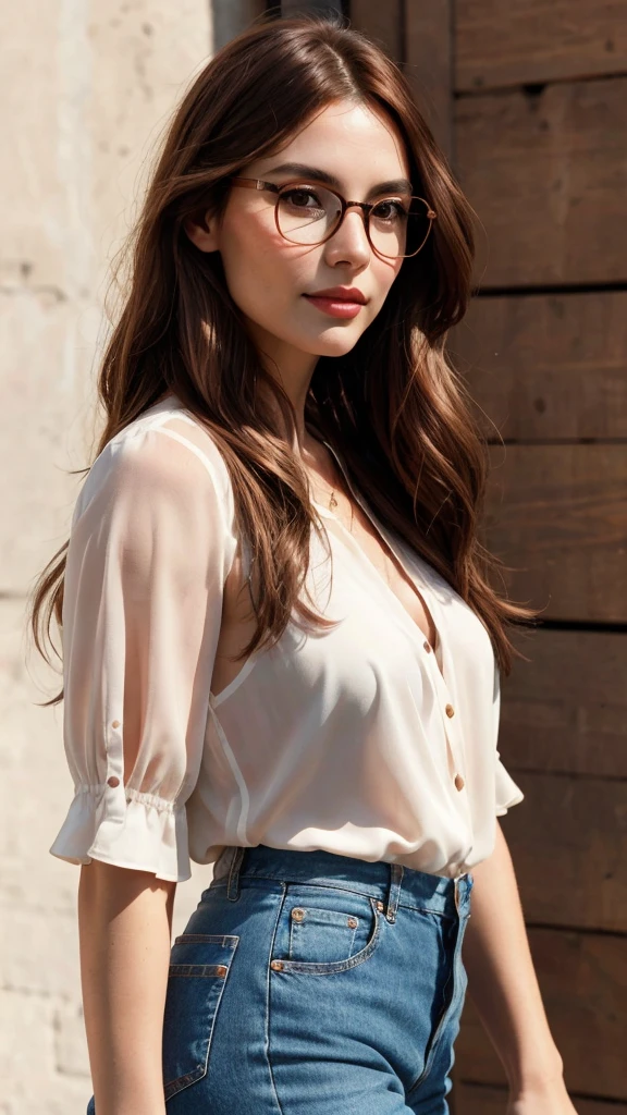 creates a 28-year-old girl, long copper-brown hair, oval face, brunette with Italian, with glasses, brown eyes, charismatic, friendly, fashion designer, standing, with white background, photos taken with the iPhone 14pro three-lens camera max, with natural light and shadows, realistic photo