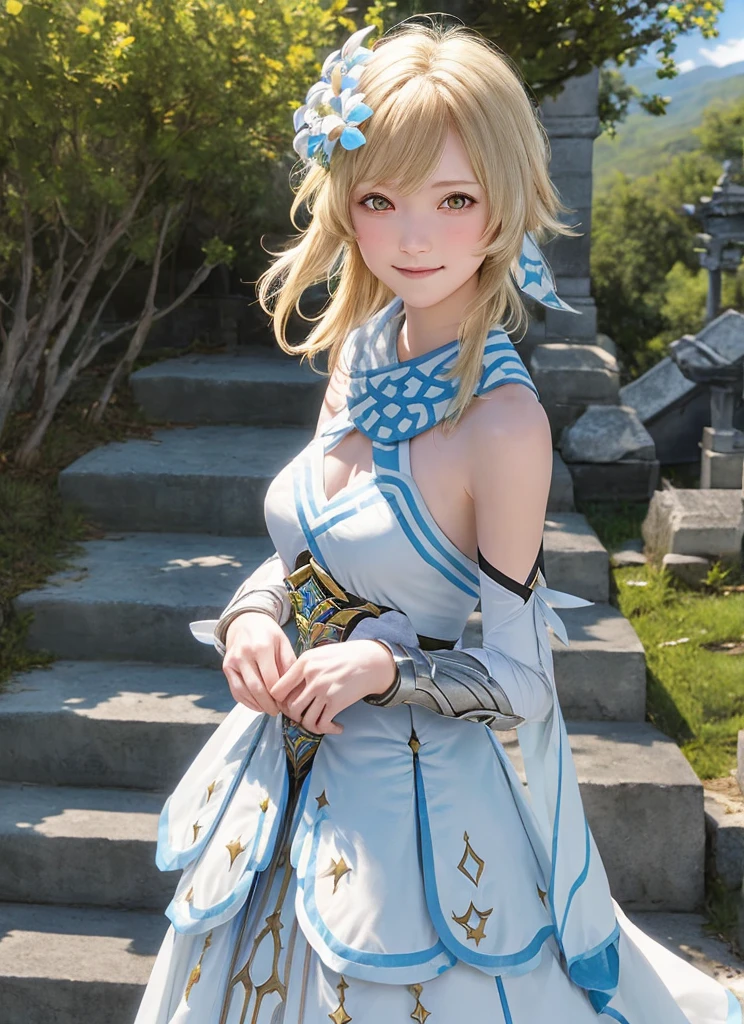 luminedef, upper body, smile, blush, outdoors, day, simple background, blue sky, short hair, sky, temple, looking at viewer, stairs, mountain, moody lighting,