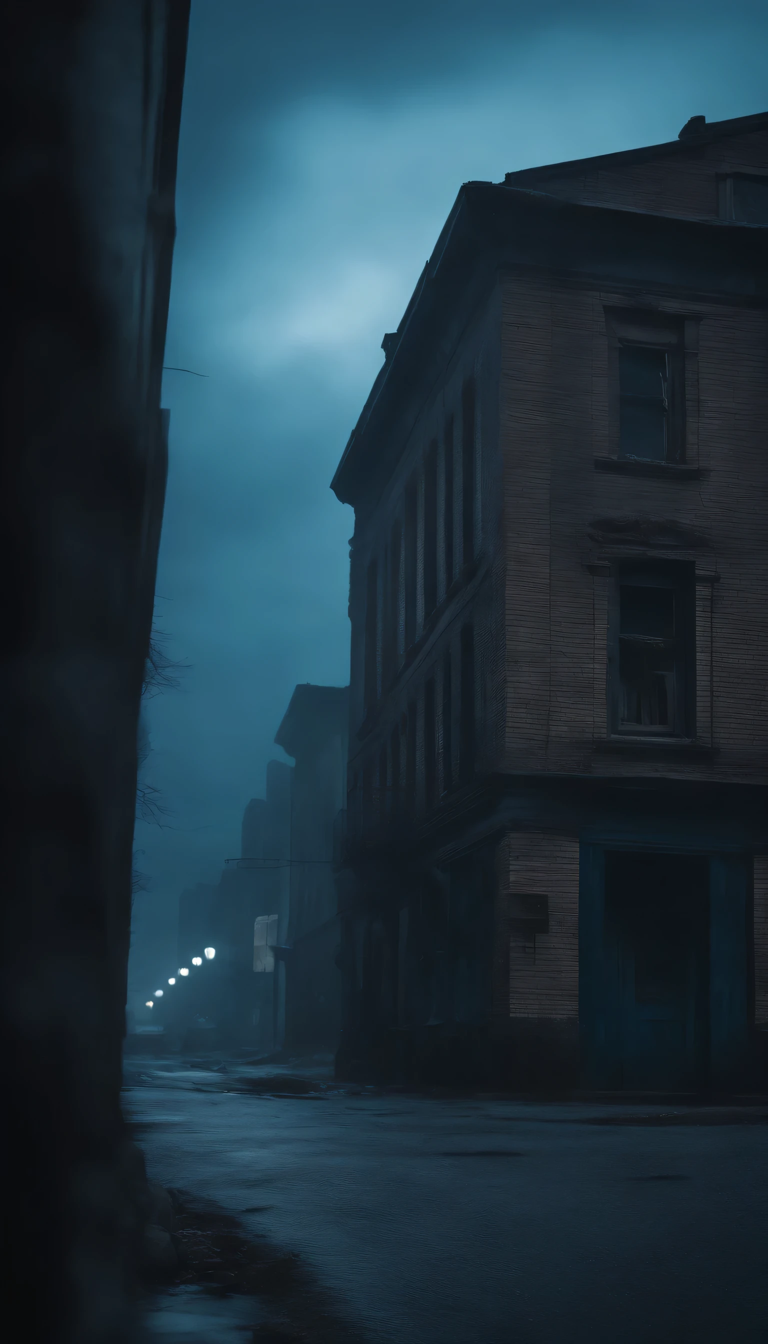 post-apocalyptic world, zombie outbreak, 4k realistic imagery, blue scenery like a movie scene, old american setting, inspired by blade runner movie scene, blue tone,
