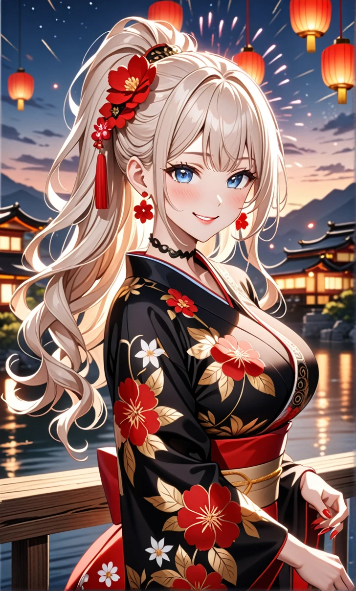 ultra-detailed, ((one girl)), (a girl with white hair wearing a black kimono), hyper detailed, absurdres, 8K, Beautiful Face, (Laugh shyly), ((teasing smile:1.8)), ((Wink:1.8)), (Laugh with your mouth wide open),(Tilt your head:1.3), View your viewers, ((Bright red cheeks:1.6)),Glossy Red Lips, ((Big Breasts:1.5)), (valley),night, Riverside,On Bridge, firework, (Brighten your face), ((Anime style background)),masterpiece, Highest quality, so beautiful,Latest, Complex details, (Pink long nails), (nail art), (ring),(bracelet), (Floral Choker),AI-generated, Complex,High resolution, Highest quality, super high quality,3D Images、3D Images,One person,White long hair,(High Ponytail), (wavy hair:1.3), Fair-skinned anime woman posing for a photo, ((Fine grain、blue eyes、glowing eyes:1.4)), (Make the eye color even brighter), (Squint your eyes:1.1),a hyperRealistic , hyperRealistic , Realistic, Anime woman with long white hair, Smooth anime CG art, A girl in a gorgeous kimono with gold embroidery, ((black furisode:1.5)),(Red floral pattern) ,Long flower hair ornament,Floral Earrings,Mature Body, tall,Abdominal muscles,Narrow waist,((arched back:1.9)), (front view),