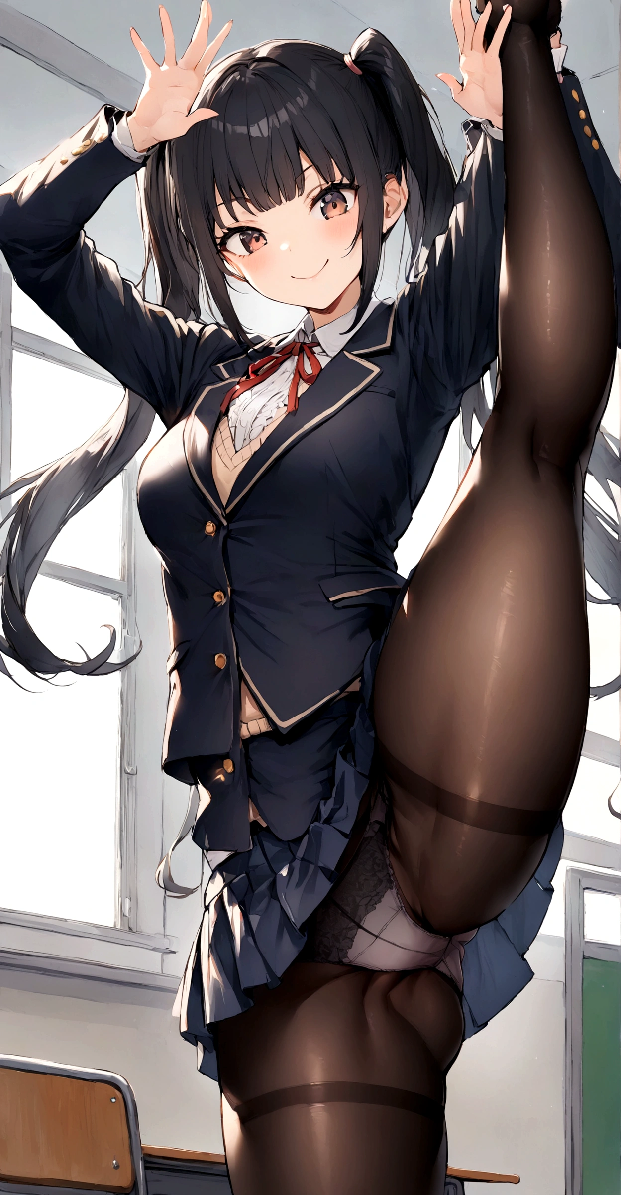 One Girl, Five Fingers, mini skirt, Looking down at the viewer, Twin tails, Highest quality, Focus on the thighs, Dynamic pose, smile, blazer, blouse, Black Pantyhose, panties under pantyhose, Standing Split, classroom, Black Hair, Stylish pose,My thighs are steaming between the legs
