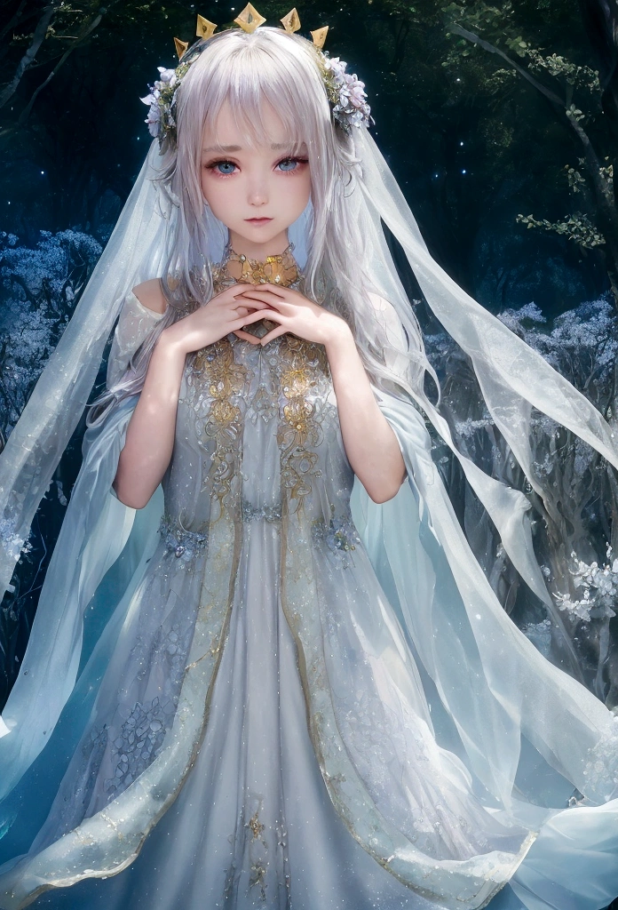 Create a stunning fantasy image that highlights a beautiful girl. She is in the center of an enchanted forest, surrounded by ancient and mystical trees that emit a soft magical light. Her clothing is elegant and ethereal., with a dress that seems to be made of stars and mist, that shines with a dim and magical light. Her long, loose hair blows in the wind., and has a crown of luminous flowers. His big, bright eyes reflect the wisdom and mystery of the fantasy world.. In the background, There are magical creatures like fairies and forest spirits, that add a touch of magic to the stage. The atmosphere is mystical and enchanting, with lights and shadows that create a fascinating and captivating atmosphere.