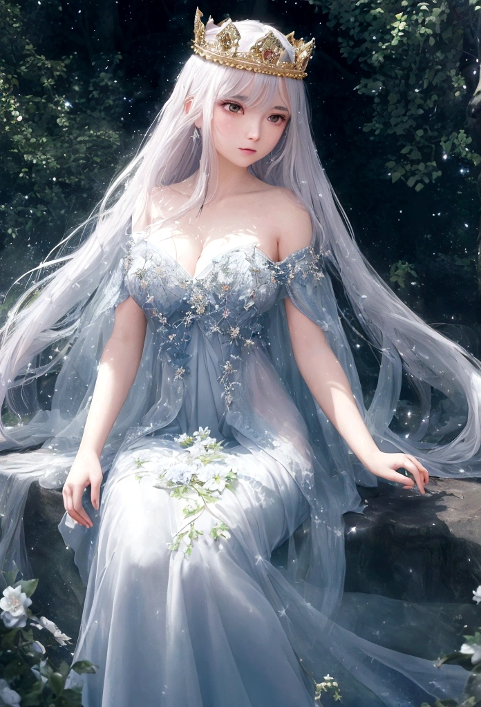 Create a stunning fantasy image that highlights a beautiful girl. She is in the center of an enchanted forest, surrounded by ancient and mystical trees that emit a soft magical light. Her clothing is elegant and ethereal., with a dress that seems to be made of stars and mist, that shines with a dim and magical light. Her long, loose hair blows in the wind., and has a crown of luminous flowers. His big, bright eyes reflect the wisdom and mystery of the fantasy world.. In the background, There are magical creatures like fairies and forest spirits, that add a touch of magic to the stage. The atmosphere is mystical and enchanting, with lights and shadows that create a fascinating and captivating atmosphere.
