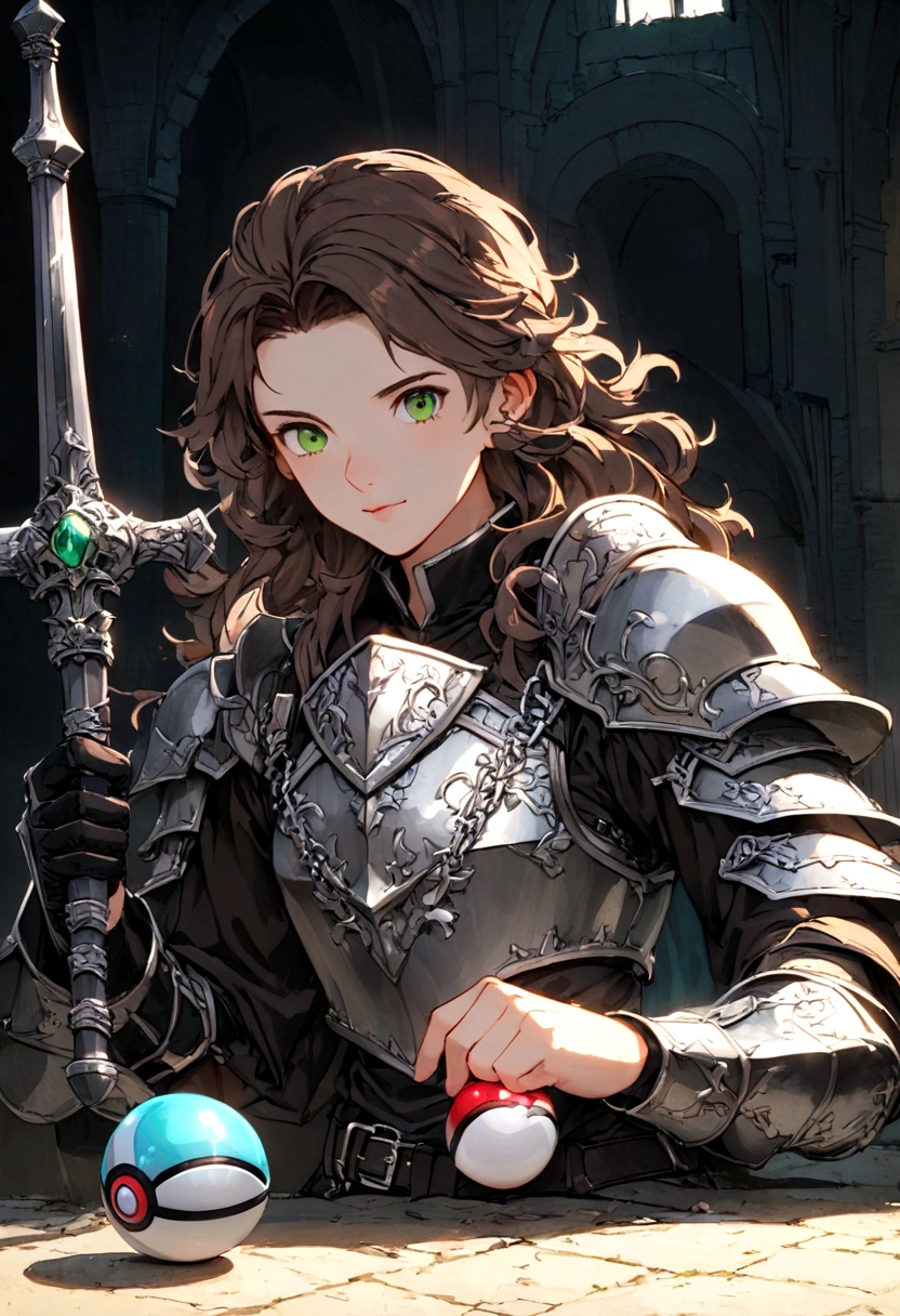 Steel type pokemon trainer, mithril armor, pokeball in hand , medieval knight appearance , great sword stuck in the floor ,in an arena waiting for his next challenger , details on the armor , long brown hair , detailed green eyes , perfect hands , pokebolla as an emblem on armor