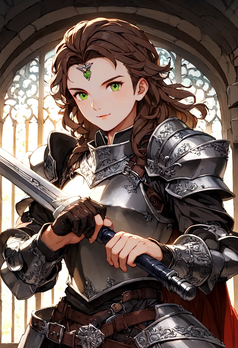 Steel type pokemon trainer, mithril armor, pokeball in hand , medieval knight appearance , great sword stuck in the floor ,in an arena waiting for his next challenger , details on the armor , long brown hair , detailed green eyes , perfect hands , pokebolla as an emblem on armor