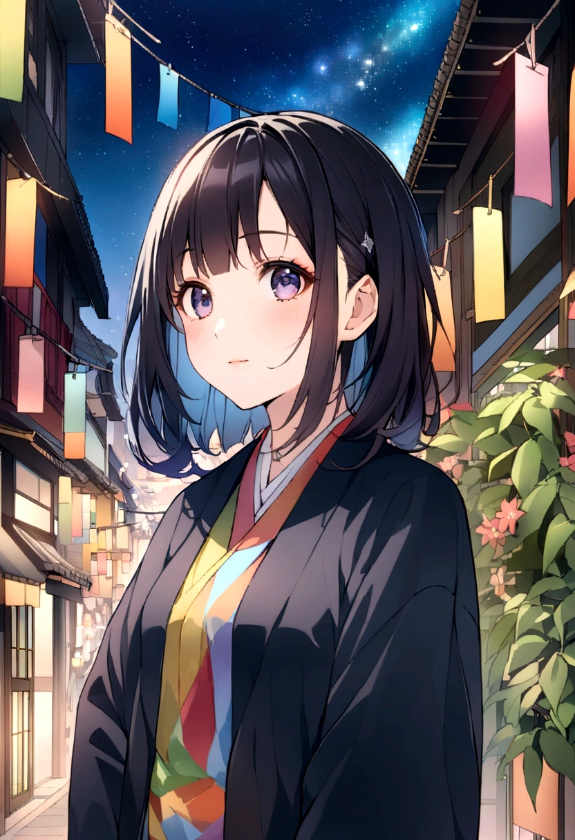 A fusion of graphic art and painting art、girl、Unusual street fashion、night、Starry Sky、Tanabata、Kyoto、front、Uplifting、Transparency、Bright Cities、wood々is rich、morning、High quality、Detailed Background、high resolution、Sparkling
