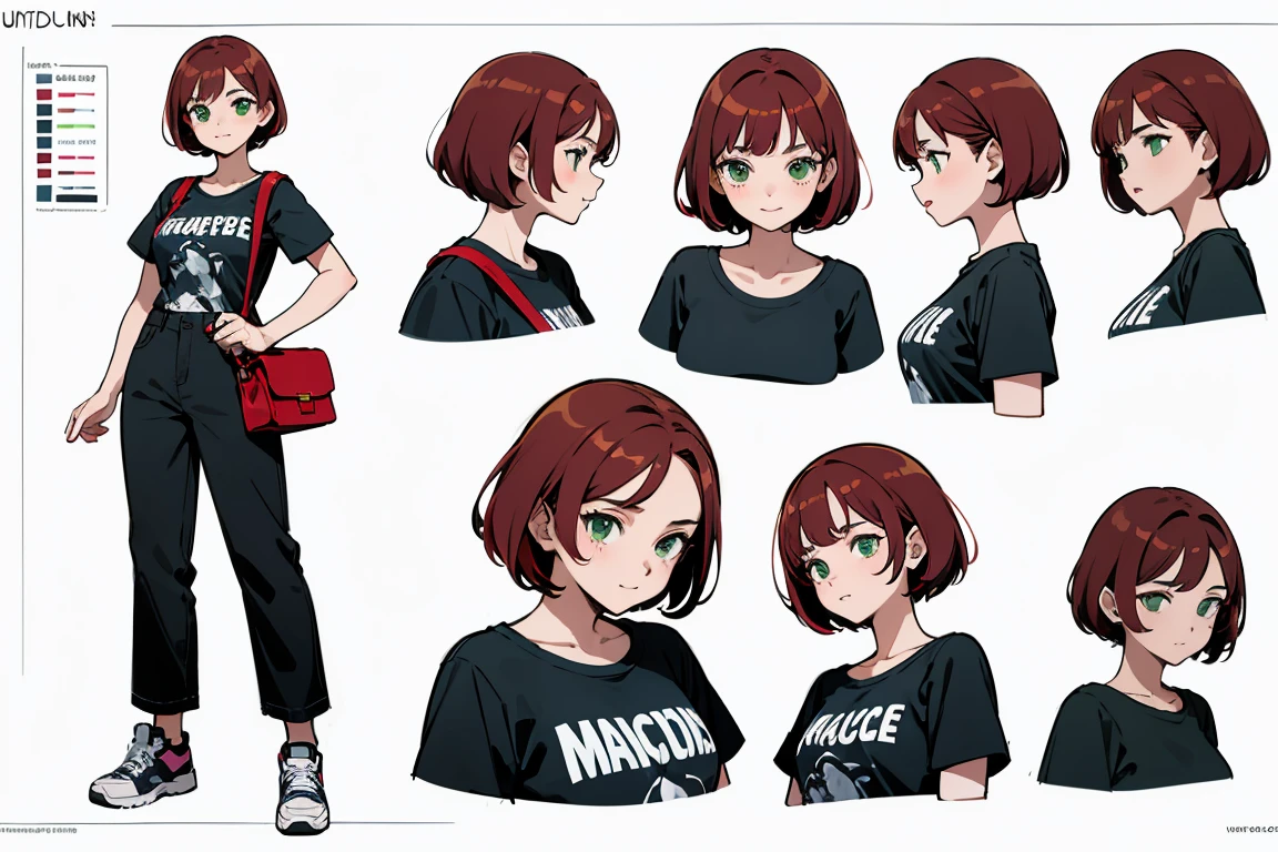 Superior quality, detailed face, character sheet,(((young woman:1.5))), ((longitud total:1.2)), full of details, various poses and expressions, Very detailed, depth, young woman, Red hair, short hairstyle, green eyes, parts, Nice smile, t-shirt with inscription, , Baggy black pants, Dark blue sneakers, a shoulder bag, Linda pose