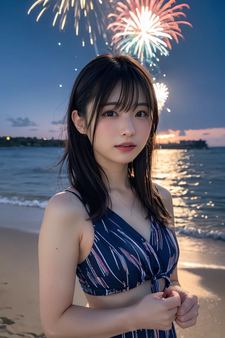 Japanese、Age 25、sister、Randomly generated people with diverse facial features and hairstyles、Perfect Anatomy,Ocean、Beach、firework、Night Sky、打ち上げfirework、目をOceanつぶる、Mature woman