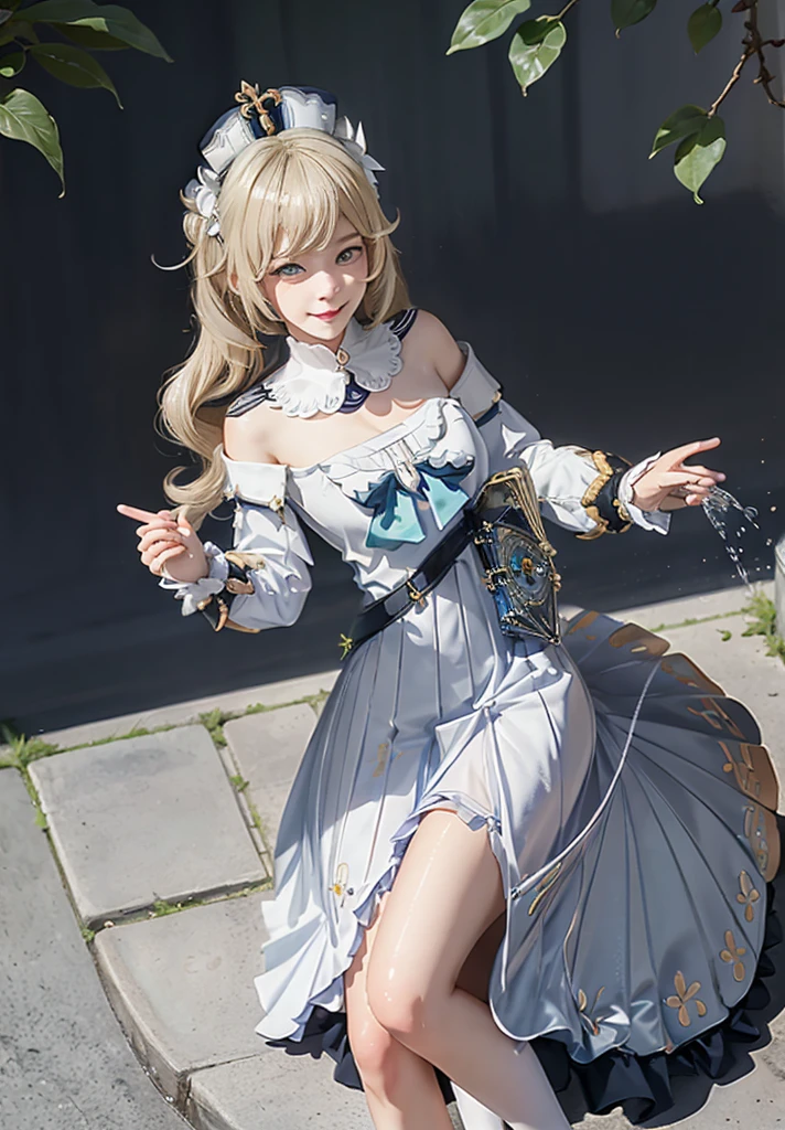 masutepiece, Best Quality, 1girl in,Smile,, hat,Latin Cross,Blonde hair, Long hair,Twin-tailed,twin drills, Blue eyes,Bow,White Dress,frills skirt,Detached sleeves, Dress Cloth,White pantyhose,Boken,Belt bag,Fountain in the background、sparkling water splash、