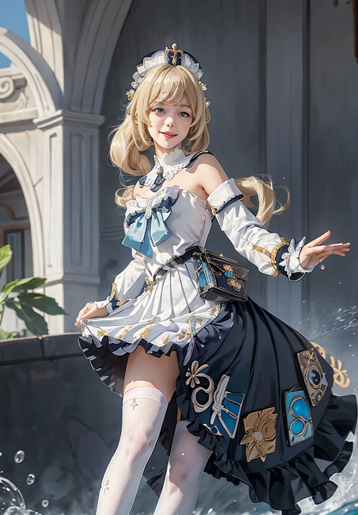 masutepiece, Best Quality, 1girl in,Smile,, hat,Latin Cross,Blonde hair, Long hair,Twin-tailed,twin drills, Blue eyes,Bow,White Dress,frills skirt,Detached sleeves, Dress Cloth,White pantyhose,Boken,Belt bag,Fountain in the background、sparkling water splash、
