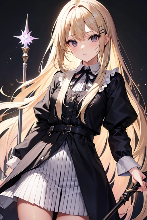 Blonde girl with long hair, silver eyes, hair clips, slightly revealing exorcist clothes, holding a magic staff