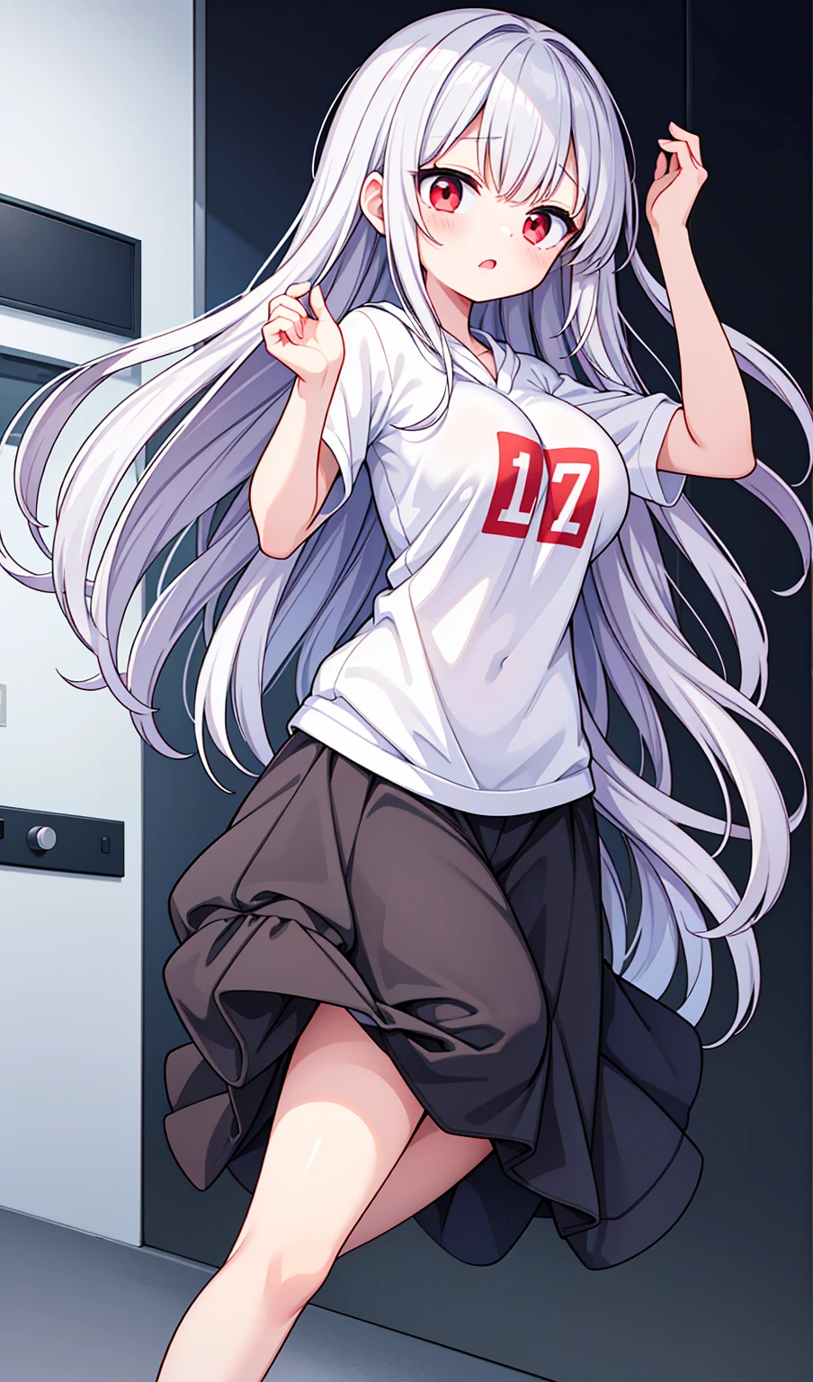 １older sister、Silver straight hair、Red Eyes、17歳のolder sister、I'm scared、White and blue hoodie jumper、Black jeans、Black sneakers、Have acrobatic movements、Under her jersey she wears a white T-shirt that reveals her very large breasts.、ボン・キュッ・ボンの身体突きをしたolder sister、The body is slightly twisted.、My chest is shaking so much、