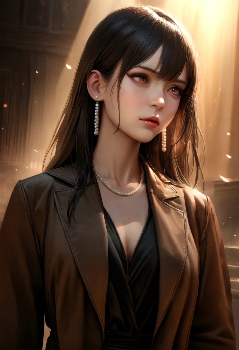 a beautiful woman, 26 years old, long straight black hair, white pearl earrings, black dress, short brown jacket, expressive eyes, detailed face, highly detailed, photorealistic, 8k, masterpiece, cinematic lighting, dramatic composition, chiaroscuro, warm color tones, moody atmosphere