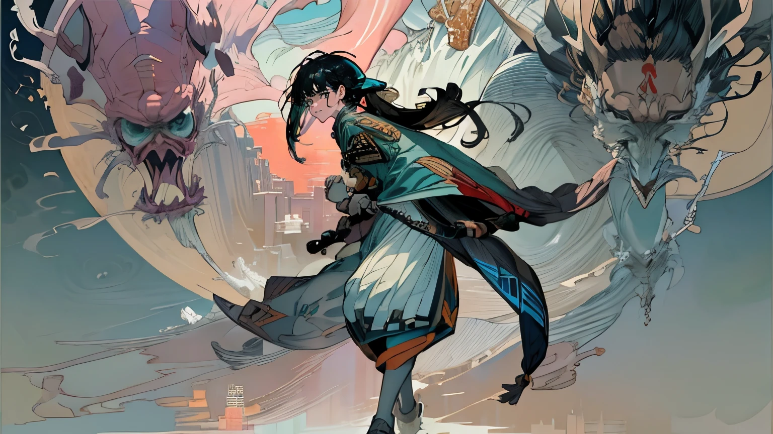 best quality, 4K wallpaper, masterpiece, extremely detailed CG unity 8k wallpaper, extremely detailed eyes, ultra-detailed, intricate details, 1girl, 21 year old, mexican brunette indigenous,long black hair, Girl playing games,gaming computer,cute ,(((6 and a half heads full body))) frontal view, Aqua eyes, Jacket, white pants, ((writing in a laptop hurriedly)), next to a window, character art style,,japanese style,large window,girl wearing headphones,sunset,painted with a rough hand-drawn aesthetic,ukiyoe style,fantasy,Edo Period,splash of color,movie perspective,advertising style