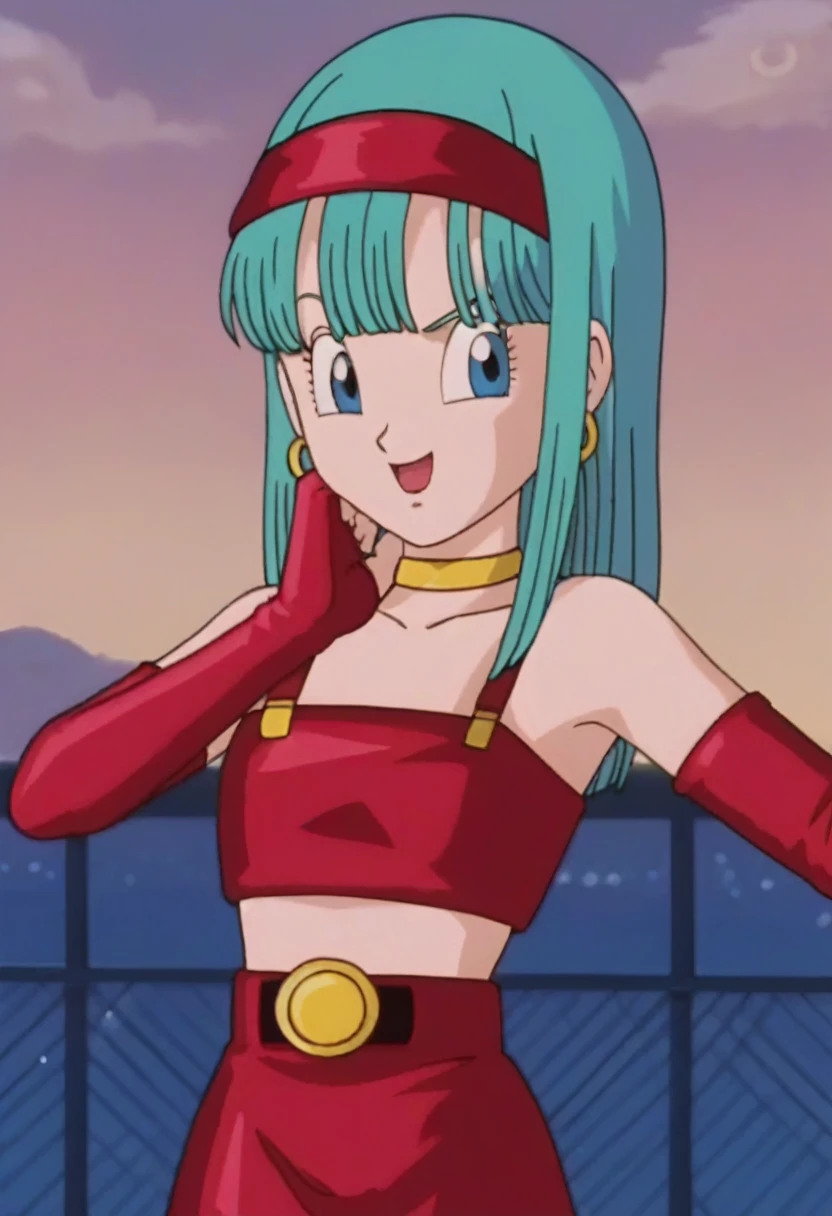 source_anime, score_9, score_8_up, score_7_up, anime screencap,
bulla,breasts,ass 1girl, solo, long hair, aqua hair, looking at viewer, smile, open mouth, bangs, collarbone, :d, outdoors, sky, cloud, night, bridal gauntlets, eyelashes, hoop earrings, eyebrows, miniskirt, bare shoulders, cloudy sky,, hairband, red hairband, earrings, blue eyes, elbow gloves, red gloves, fingerless gloves, crop top, red topwear, midriff, yellow belt, skirt, red skirt
 