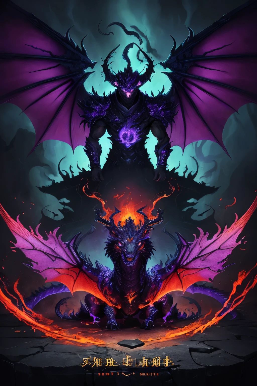 ((best quality)), ((masterpiece)), (detailed), an illustration art of a dark background iron with flames and two purple dragon wings at the edges. Dramatic like afantasy book cover.