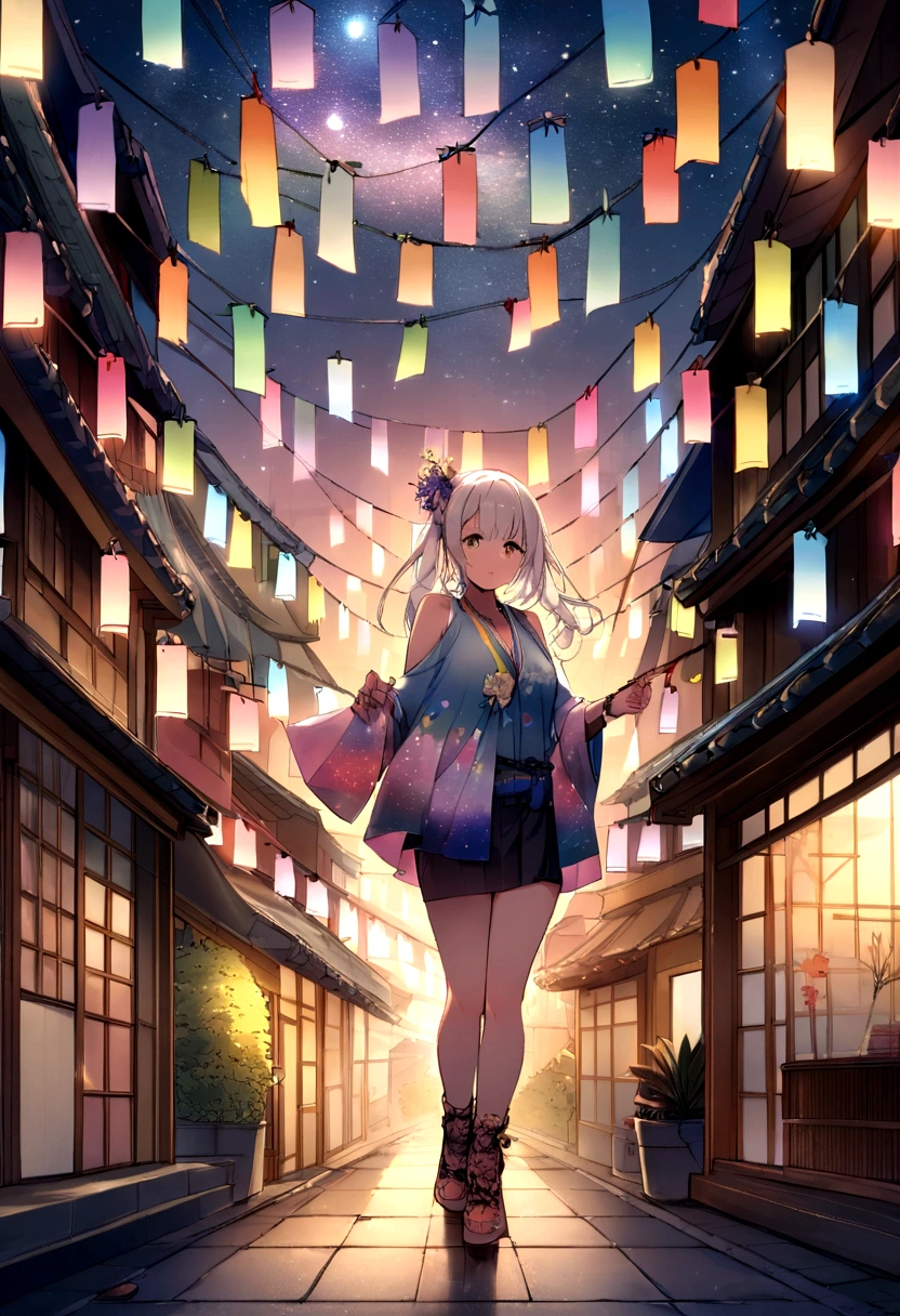 A fusion of graphic art and painting art、girl、Unusual street fashion、night、Starry Sky、Tanabata、Kyoto、front、Uplifting、Transparency、Bright Cities、wood々is rich、morning、High quality、Detailed Background、high resolution、Sparkling