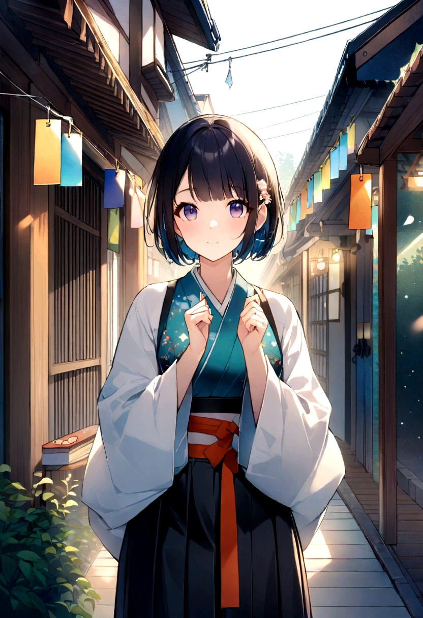 A fusion of graphic art and painting art、girl、Unusual street fashion、night、Starry Sky、Tanabata、Kyoto、front、Uplifting、Transparency、Bright Cities、wood々is rich、morning、High quality、Detailed Background、high resolution、Sparkling