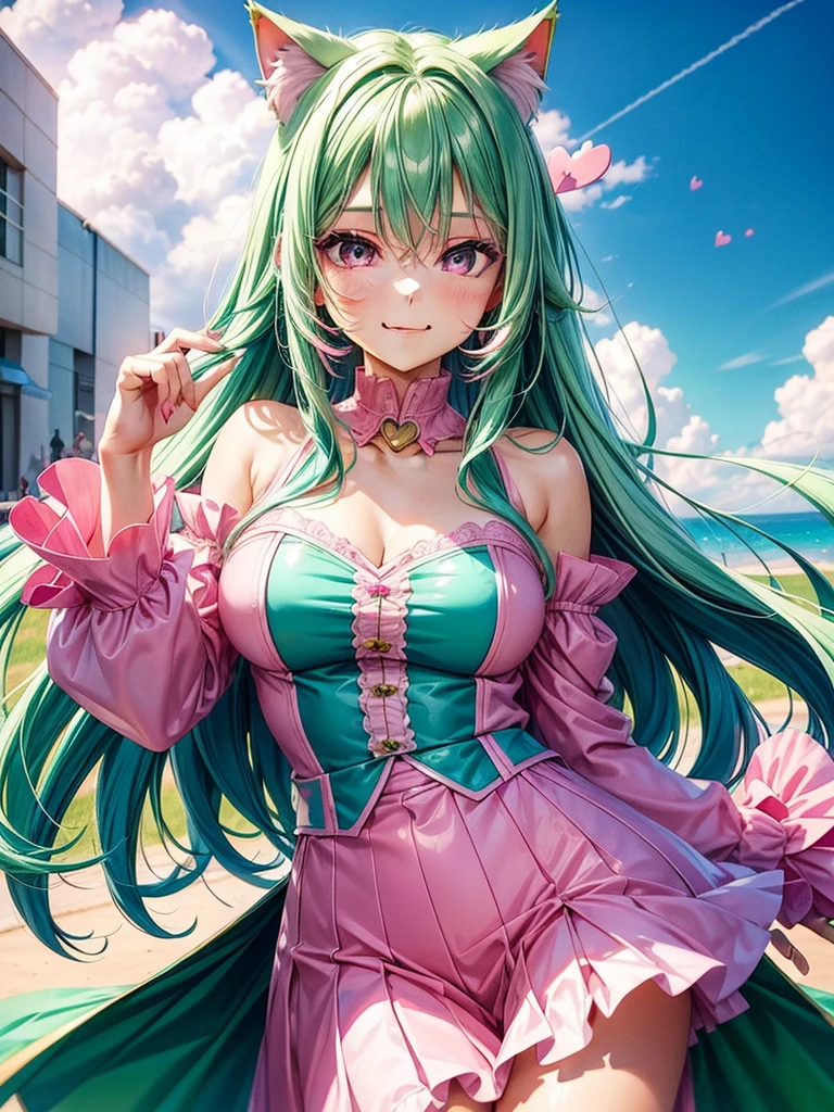 ((Pink green hair color)), pink eyes, woman, teal blue gold clothes,happy face, sexy outfit, cat ears, hearts, floating hearts, face only, long hair, smiling, hair ornament, up close face, sexy clothes, sexy women , closed mouth smile, up close face
