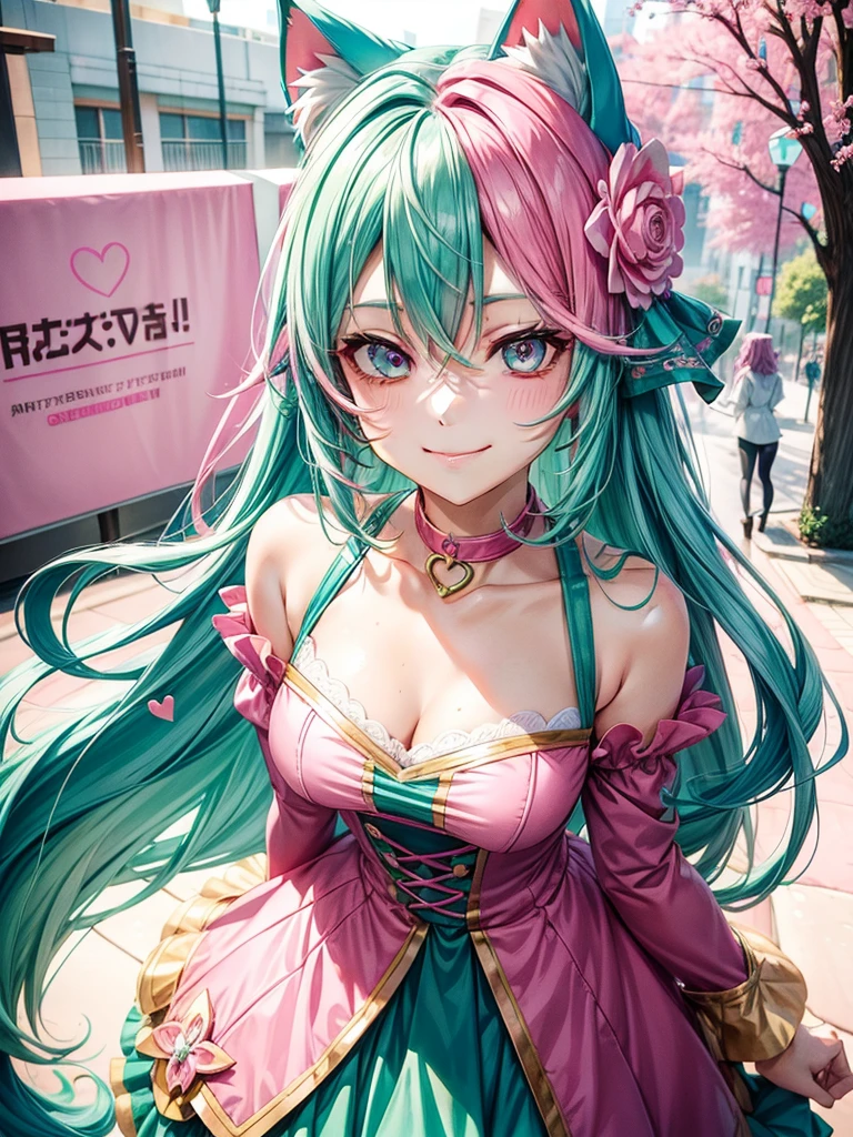 ((Pink green hair color)), pink eyes, woman, teal blue gold clothes,happy face, sexy outfit, cat ears, hearts, floating hearts, face only, long hair, smiling, hair ornament, up close face, sexy clothes, sexy women , closed mouth smile, up close face