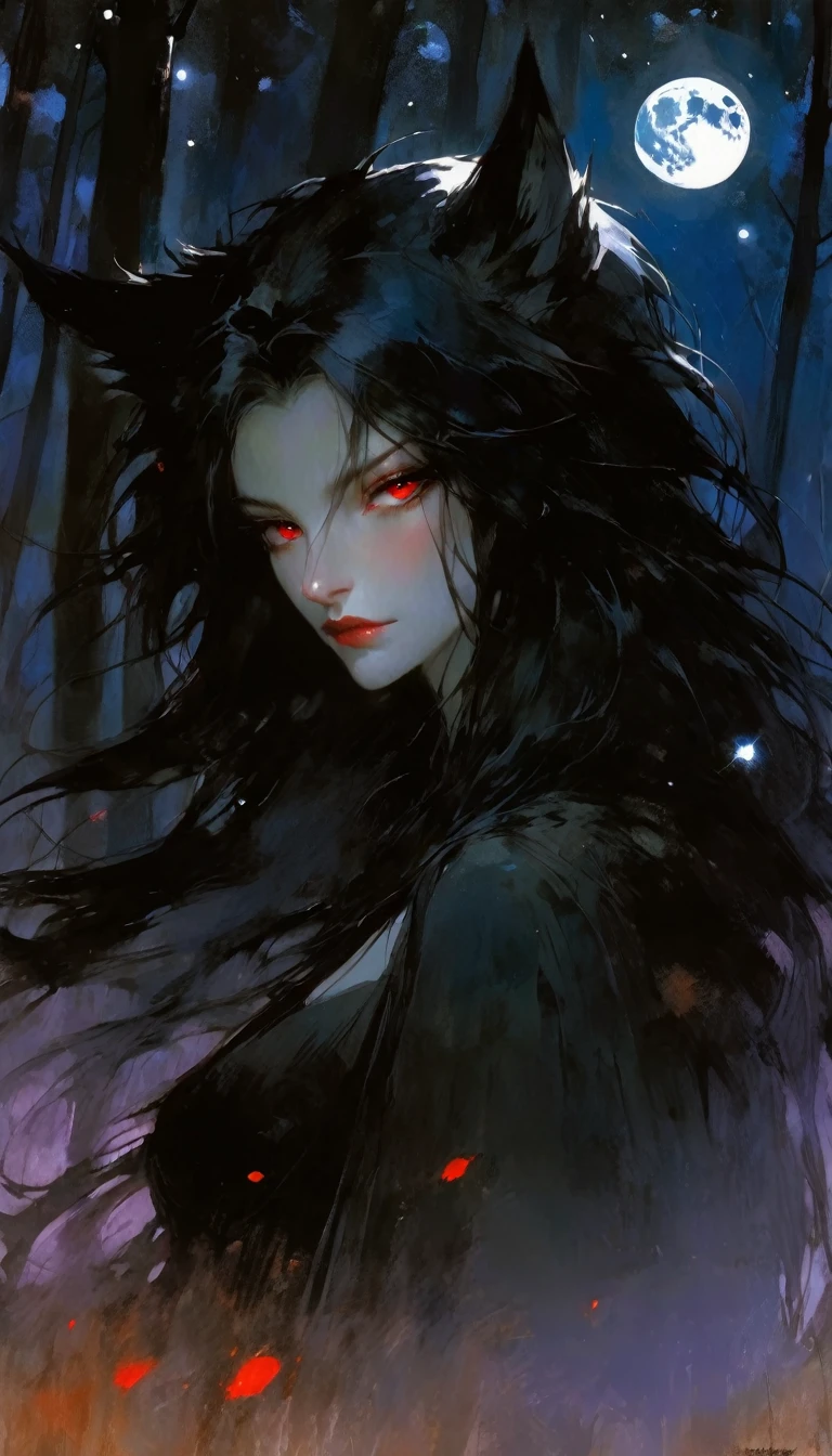 a fierce dark wolf with red eyes, magic, forest, fantastic, night sky, moon, stars, background, (simple oil painting in a style to Bill Sienkiewicz)