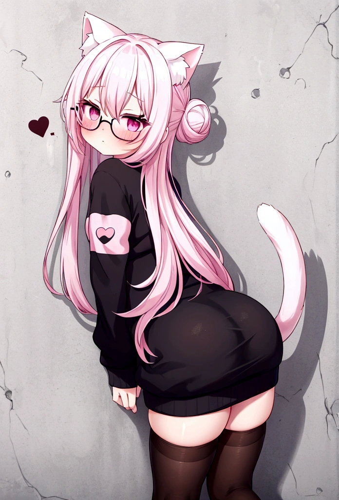 I have white pink hair, cat ears, a bun, my face is super blushing, black glasses, pink heart eyes, a big pink sweatshirt, a black skirt, black stockings, white shoes, a cat&#39;s tail, a girl. very shy that she is glued to a wall with her butt