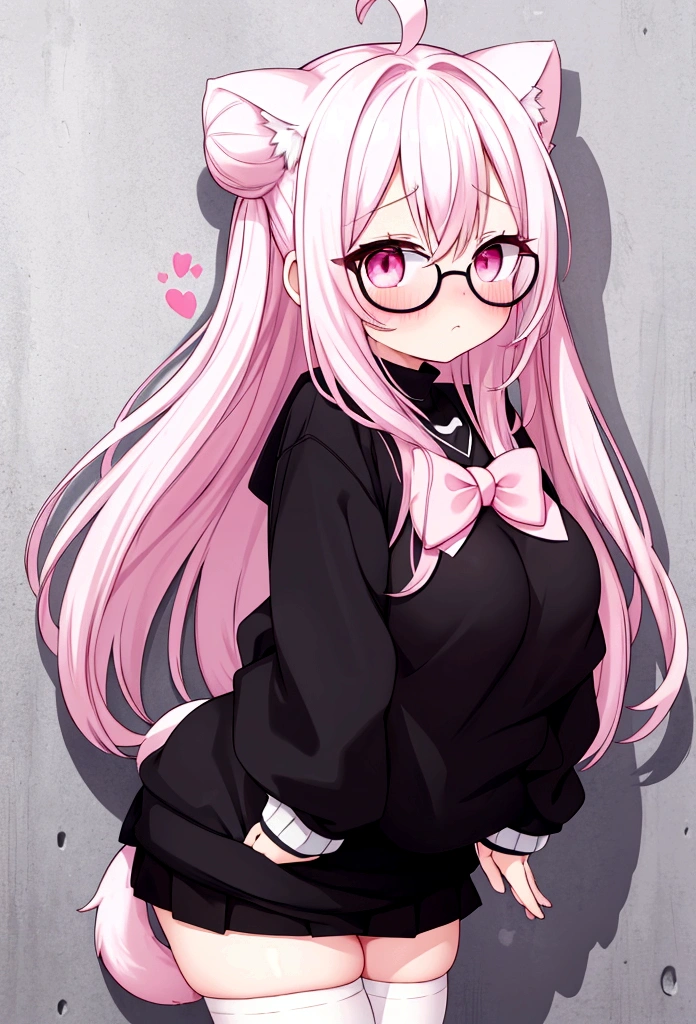 I have white pink hair, cat ears, a bun, my face is super blushing, black glasses, pink heart eyes, a big pink sweatshirt, a black skirt, black stockings, white shoes, a cat&#39;s tail, a girl. very shy that she is glued to a wall with her butt