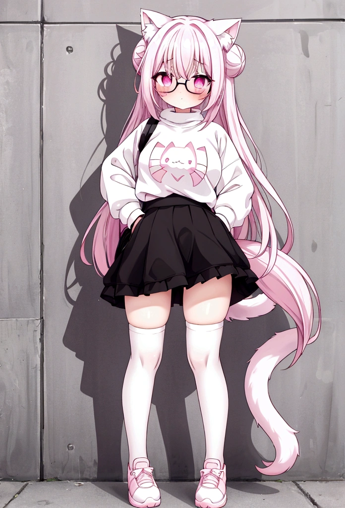 I have white pink hair, cat ears, a bun, my face is super blushing, black glasses, pink heart eyes, a big pink sweatshirt, a black skirt, black stockings, white shoes, a cat's tail, a girl. very shy that she is glued to a wall with her butt