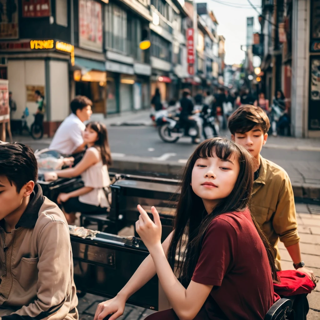 A boy is playing piano with closing eyes. His girl friend sitting near to him. The boy is sitting 1 foot away from his girl. Girl is looking towards him with love and affection. They both are sitting in a street where people are going behind them. People are in blur frame. While the street is in peace.
