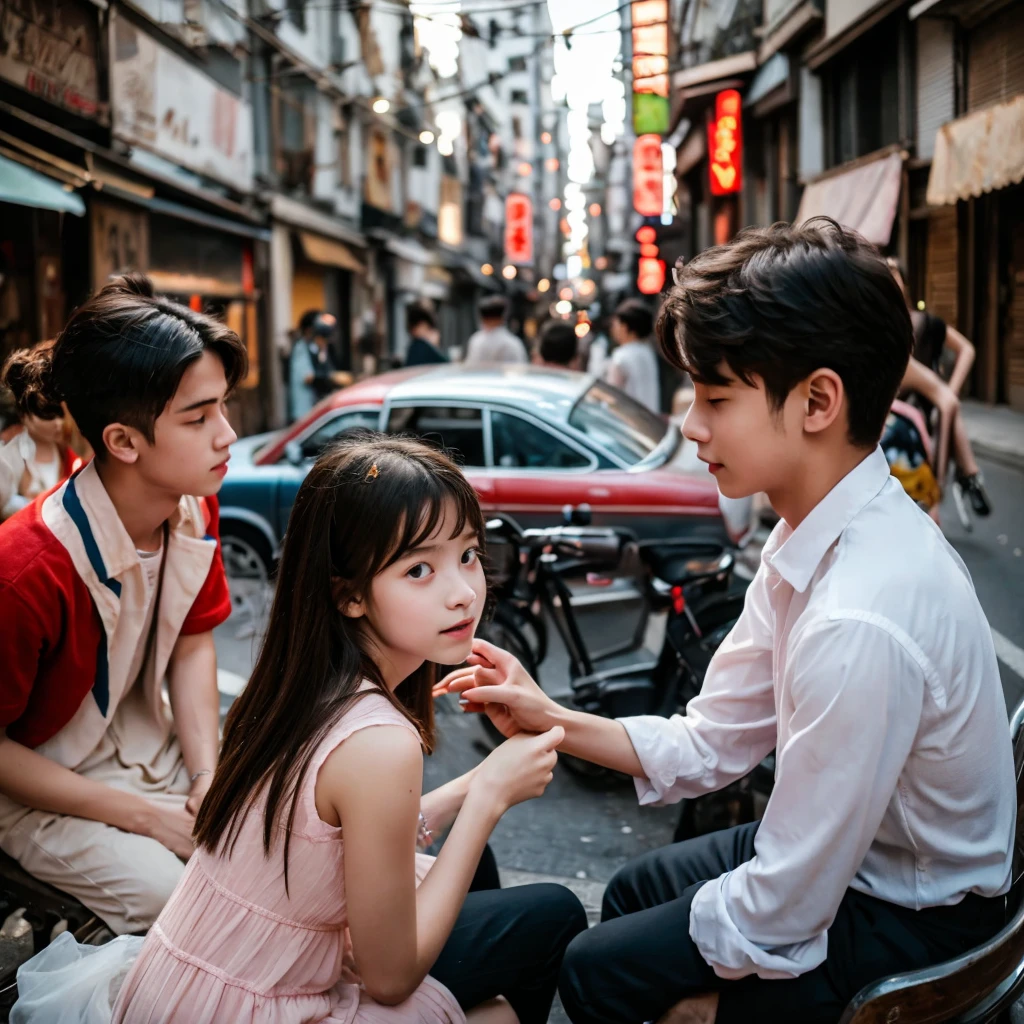 A boy is playing piano with closing eyes. His girl friend sitting near to him. The boy is sitting 1 foot away from his girl. Girl is looking towards him with love and affection. They both are sitting in a street where people are going behind them. People are in blur frame. While the street is in peace.