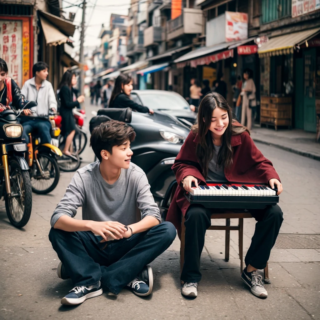 A boy is playing piano with closing eyes. His girl friend sitting near to him. The boy is sitting 1 foot away from his girl. Girl is looking towards him with love and affection. They both are sitting in a street where people are going behind them. People are in blur frame. While the street is in peace. 