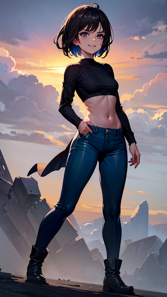 A girl with short brown hair , blue eyes , He wears a long black sleeve , blue pants , gray boots , post apocalyptic cloudy background, wicked smile , small breasts , age body , little Bullock , beautiful , 4k , HD cuerpo de niña , ( solo una mujer) ( manga larga negra)