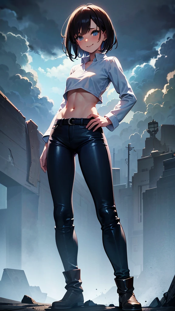 A girl with short brown hair , blue eyes , He wears a long black sleeve , blue pants , gray boots , post apocalyptic cloudy background, wicked smile , small breasts , teenage body , little Bullock , beautiful , 4k , HD cuerpo de niña , ( solo una mujer) ( manga larga negra)
