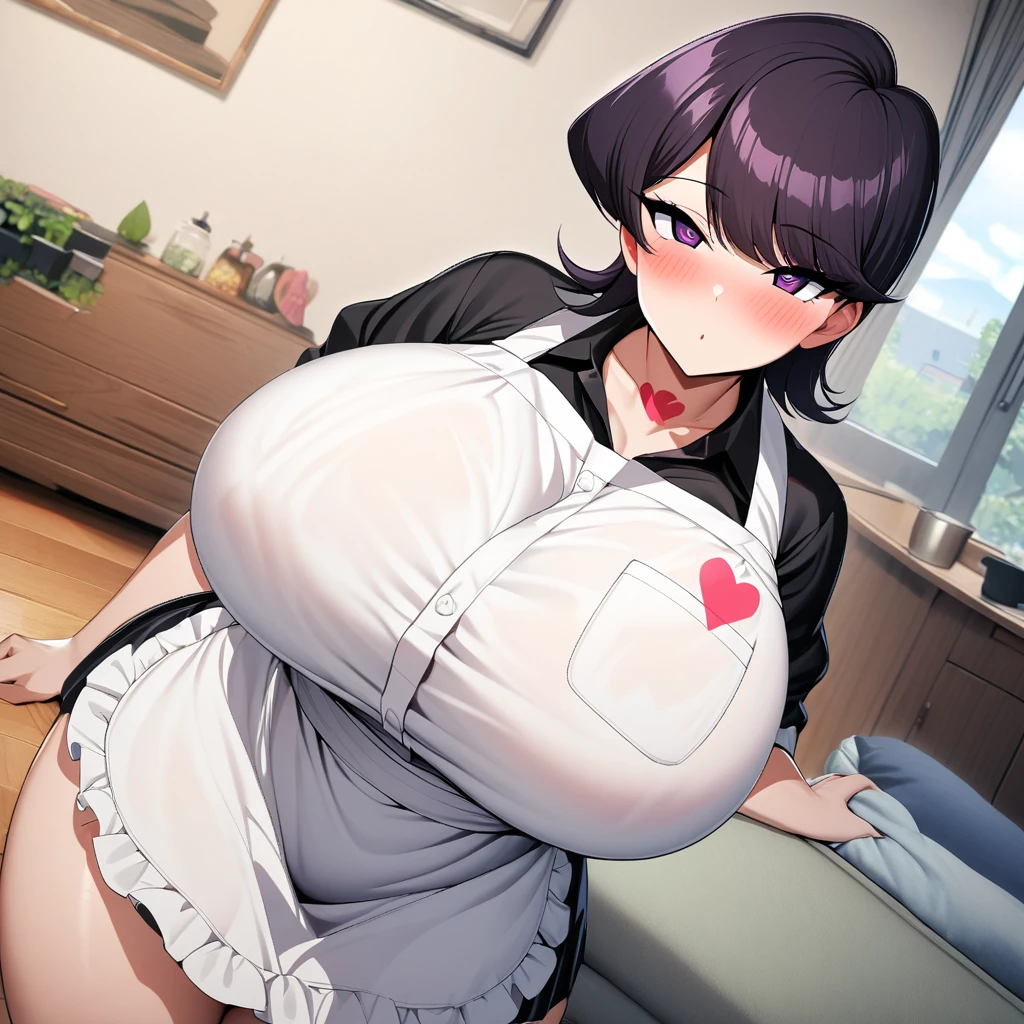 komi shuuko,1girl,solo,Females in heat,blush,Hypnotized,Heart mark in eyes,apron,super huge breasts,looking at viewer,near,house,in living room