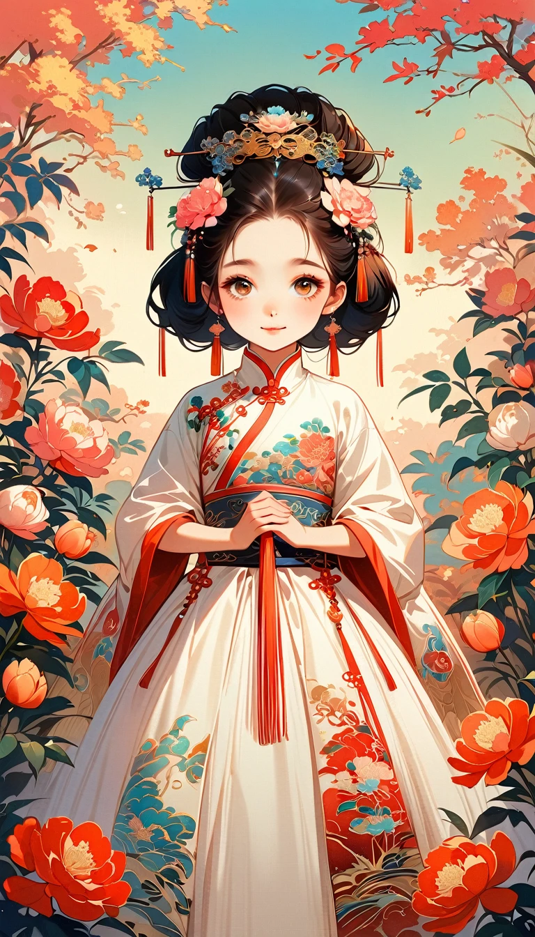 A beautiful young 5 years old little girl in traditional Chinese attire, sweet smile, from front, eyes look at other side, fashion pose, charming and attractive sexy pose, surrounded by a lush garden. gazing at it with gentle eyes. The woman's hair is styled in an elaborate updo adorned with flowers and traditional ornaments. Her dress is elegant, pink and white color tone, featuring fine silk with floral embroidery. The garden is in full bloom, with peonies and other flowers providing a backdrop. The scene captures the serenity and beauty of classical Chinese art, with a touch of nature harmony, (((Ultra-high saturation, high natural saturation, extremely bright colors)))