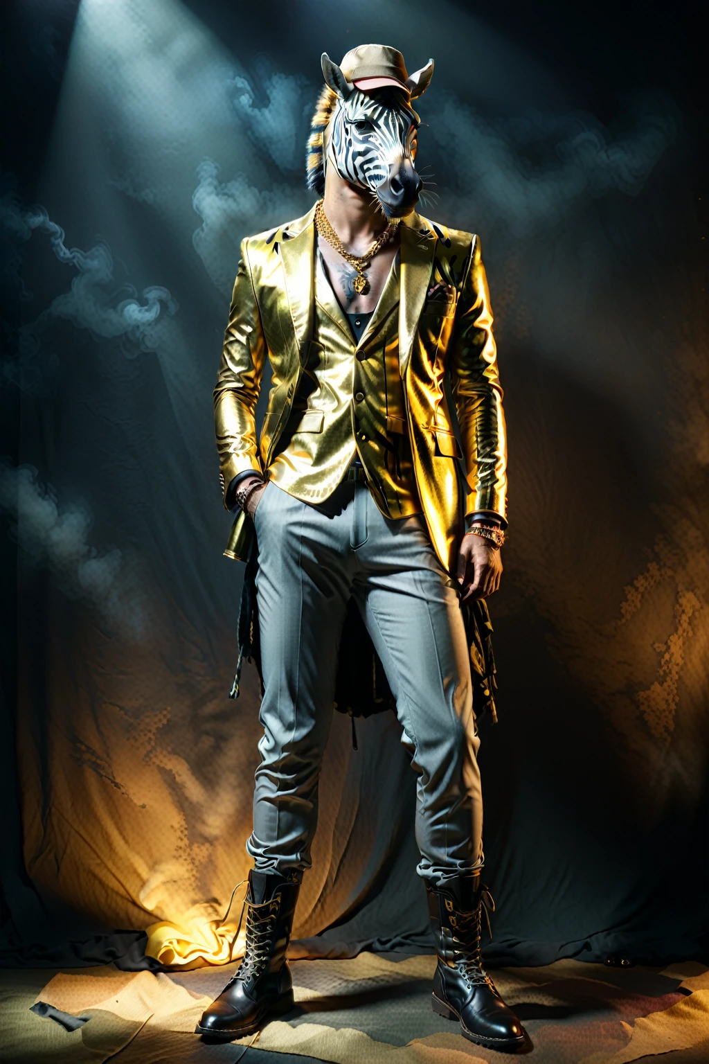 Sunglasses so you can edit later、Gold suit with space above head and sunglasses、Full body zebra print Anthropomorphic zebra。金色スーツのセットアップにサングラス
金色のスーツにサングラスのファッションでド派手な装飾した独特のポーズをする
The background is darkに怪しげな金色の煙、A mysterious golden light shines through it. The character is also illuminated and clearly visible. Create an image with this composition according to the following rules.。
High resolution textures、Texture、Realなディテール、
The background is dark、Mysterious and、There is a good atmosphere、Dramatic lighting and high contrast images、Extremely high resolution to create photo-realistic card game patterns。
The design will be surrounded by a border、80 from the center of the space so that the character is not hidden%Please。
Use indirect lighting and textured backgroundake the central character stand out。
Full body portrait、Dynamic pose。
にかくテクスチャがRealで細かいファッションの服。
Fashionable sneakers、boots、Sandals、hat、Smoke Accessories Necklace、Earrings、ring、bandana car、bike、Tattoos etc.、Choose according to your outfit and mood。
Real、8K
(masterpiece、Highest quality、high detail、超Real:1.2)、
Anthropomorphic animals、Full body portrait
(Photorealistic:1.4), Cinematic lighting, 8K UHD、
Professional Photography、
(詳細な毛皮のTexture:1.3), Expressive eyes、
Designer clothing、Luxury Brands、
(Perfect tailoring:1.2), High Fashion Accessor
Moody atmosphere、Dramatic Shadows、
High contrast lighting、Depth of written boundary、
Film Grain、Color Grading、
(Color Palette:1.3)、(Calm earth colors:1.2)、
(Rich Brown:1.1)、(Deep Gray:1.1)、(subtle gold accents:1.0)、
(warm color:1.1)、(Color harmony:1.2)、
(Soft diffused lighting:1.2)、(Rim lighting:1.1)、
(Volumetric Lighting:1.0), (Ambient Occlusion:1.1)