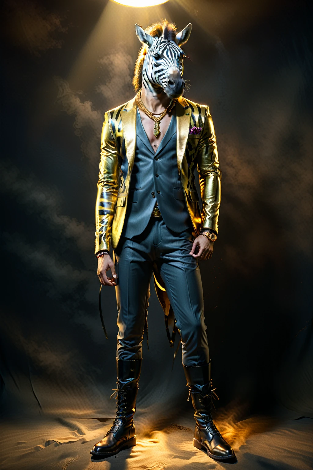 
Sunglasses so you can edit later、Gold suit with space above head and sunglasses、Full body zebra print Anthropomorphic zebra。金色スーツのセットアップにサングラス
金色のスーツにサングラスのファッションでド派手な装飾した独特のポーズをする

The background is darkに怪しげな金色の煙、A mysterious golden light shines through it. The character is also illuminated and clearly visible. Create an image with this composition according to the following rules.。
 High resolution textures、Texture、Realなディテール、
The background is dark、Mysterious and、There is a good atmosphere、Dramatic lighting and high contrast images、Extremely high resolution to create photo-realistic card game patterns。
The design will be surrounded by a border、80 from the center of the space so that the character is not hidden%Please。
Use indirect lighting and textured backgroundake the central character stand out。
Full body portrait、Dynamic pose。
 にかくテクスチャがRealで細かいファッションの服。
Fashionable sneakers、boots、Sandals、hat、Smoke Accessories Necklace、Earrings、ring、bandana car、bike、Tattoos etc.、Choose according to your outfit and mood。
Real、8K




(masterpiece、Highest quality、high detail、超Real:1.2)、 
Anthropomorphic animals、Full body portrait

(Photorealistic:1.4), Cinematic lighting, 8K  UHD、 
Professional Photography、

(詳細な毛皮のTexture:1.3), Expressive eyes、 
Designer clothing、Luxury Brands、 
(Perfect tailoring:1.2), High Fashion Accessor
Moody atmosphere、Dramatic Shadows、 
High contrast lighting、Depth of written boundary、
Film Grain、Color Grading、

(Color Palette：1.3）、（Calm earth colors：1.2）、 
(Rich Brown：1.1）、（Deep Gray：1.1）、（subtle gold accents：1.0）、
(warm color：1.1）、（Color harmony：1.2）、

(Soft diffused lighting：1.2）、（Rim lighting：1.1）、
(Volumetric Lighting:1.0), (Ambient Occlusion:1.1)