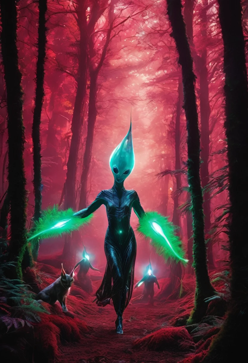 Fine art, black-white-red-green, high contrast, national geographical photo: André Uhlisch - Art, schwarzweiß rot grün, hoher kontrast, national geographic photo image, digital painting of a Bioluminescent alien family with shimmering, iridescent fur, prancing in an otherworldly forest, illuminated by the creatures' magical light, wearing disco-core fashion, Ektachrome photography style, with a juxtaposition of post-apocalyptic futuristic elements and hyper-realistic detail, captured on 70mm film, surrounded by a vibrant, enchanted woodland with glowing flora and fauna