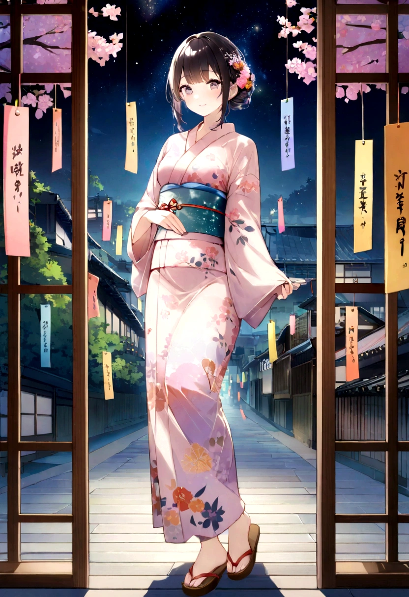 A fusion of graphic art and painting art、girl、yukata、night、Starry Sky、Tanabata、Kyoto、front、Uplifting、Transparency、Bright Cities、wood々is rich、morning、High quality、Detailed Background、high resolution、Sparkling