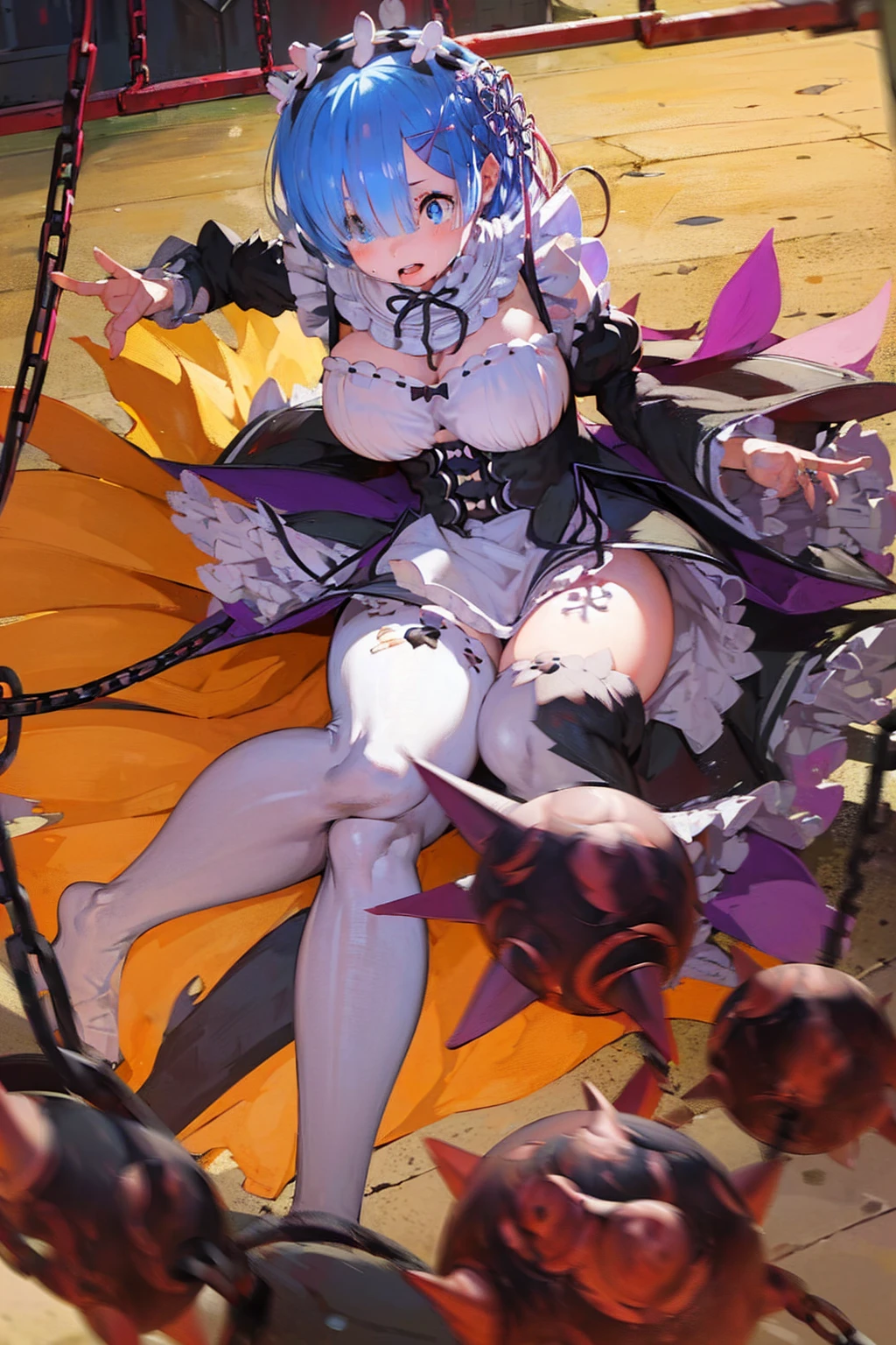 (Full moon night)、Poolside、Plump、Show your pants、(((((Fighting Pose)))))、Weapons Morningstar、((Underground Prison))、((The floor beneath my feet is crumbling))、((((Rem in chains)))),(((((Fisheye Lens)))))、(((((Super huge breasts))))、((((Plump thighs))))、(((Rem from Re:Zero)))、((looking at the camera))、High qualityHigh quality、8ｋ、(((((Full body description)))))、Chest、Fantastic、(((((Torn maid uniform)))))、barefoot、((((((Tall Rem))))))、Sweat splashes、Clothes are ripped off,(Torn knee-high socks)、