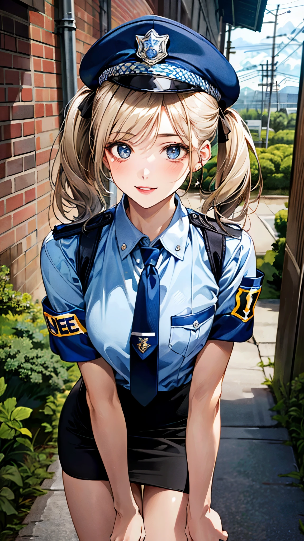 (masterpiece:1.3, top-quality, ultra high resolution, ultra detailed), (realistic, photorealistic:1.4), beautiful illustration, perfect lighting, natural lighting, depth of fields, nsfw,
beautiful detailed hair, beautiful detailed face, beautiful detailed eyes, beautiful clavicle, beautiful body, beautiful chest, beautiful thigh, beautiful legs, beautiful hands,
looking at viewer, 1 girl, policewoman, 17 years old, (perfect anatomy, anatomically correct), cute and symmetrical face, babyface, perfect face, perfect eyes, shiny skin,
(middle hair, twintails, ash blonde hair), crossed bangs, blue eyes, big eye, long eye lasher, lipstick, (nedium breasts, seductive thighs), slender, outstanding style,
(police uniform, police hat, necktie, pencil skirt, armband, holster), (cute smile, parted lips),
(beautiful scenery), dark, night, (alleyway:1.2, industrial pipe, building, urban, power lines, cloudy sky, sign), breast hold, arms under breasts,