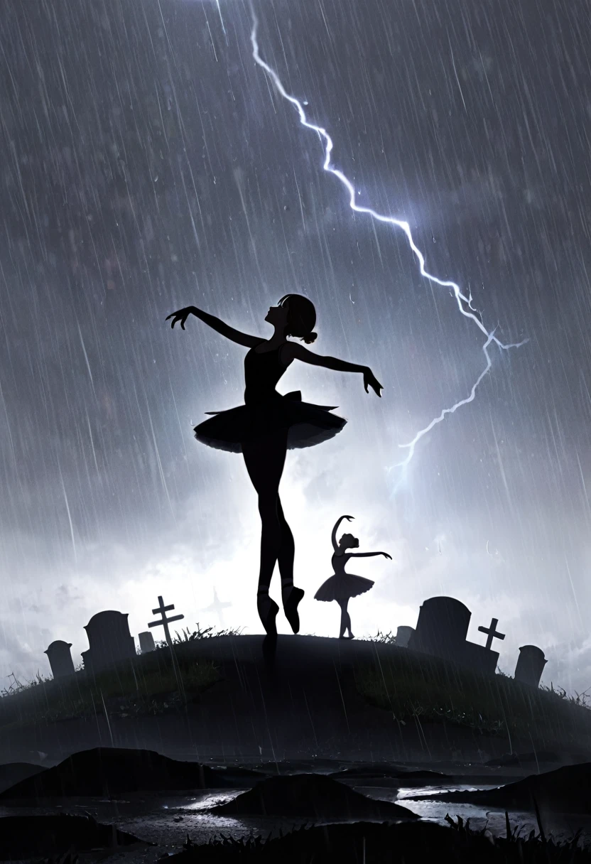 (masterpiece, best quality, super detailed), silhouette, Solo, A lady in tutu is dancing ballet on the hill, There is a small grave of her father on the hill, in the rain, Full body, Ballerina silhouette, ballet pose, Arabesque, heavy rain, rain drop, The raindrops hit wet body and shine, lightning, simple background, cinematic lighting