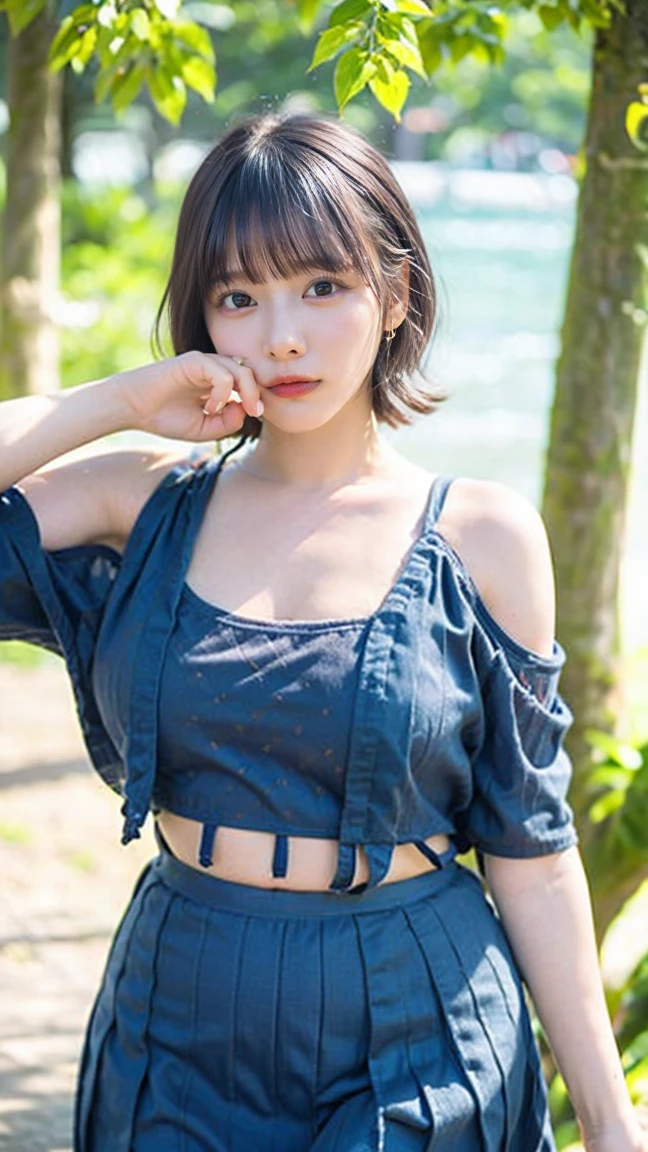 (masterpiece、Highest quality、Very detailed)、Hair color is deep dark brown、Soft Waves、
(Skin is smooth、Lightly reflects light、Healthy shine)、(The eyes are almond-shaped、eyes dark brown)、Long eyelashes、Flexible curls、Each one is clearly visible、Thin eyeliner、Natural eyelash shadow)、(Natural pink cheeks)、(Thick lips、smile)(Japanese 、Glamorous Body)、(See-through lingerie)、(Navy blue pleated mini skirt、inseam length)、(Beach、Pay attention to her whole body and facial expression)、(((Eye highlights and skin detail、Realistic details)))
