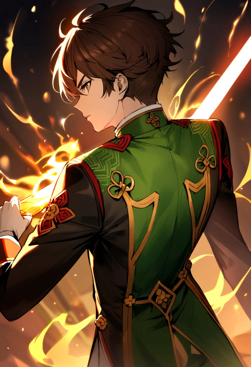 white boy with brown hair, Brown eyes, magic sword on his back, green chinese ceremonial suit, immersed in an energy (similar to syaoran li)
