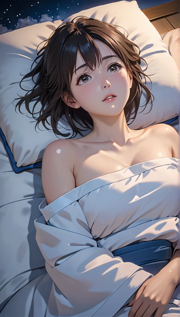masterpiece, High resolution, figure, Kyoto Animation Style, Your Name Movie Style, night, mid-night, Light, (1girl:1.3), (alone:1.4), Long eyelashes, messy hair, medium hair, futon, Lying down, (covering chest by hand), (((in heat, aroused, wishful))), ideal ratio body proportions, sagging breasts, from above, looking up at viewer, {{{{vulgarity}}}}