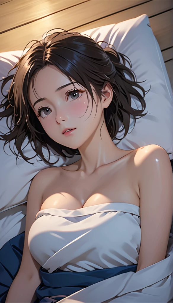 masterpiece, High resolution, figure, Kyoto Animation Style, Your Name Movie Style, night, mid-night, Light, (1girl:1.3), (alone:1.4), Long eyelashes, messy hair, medium hair, futon, Lying down, (covering chest by hand), (((in heat, aroused, wishful))), ideal ratio body proportions, sagging breasts, from above, looking up at viewer, {{{{vulgarity}}}}