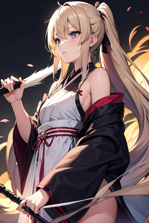 Blonde girl with long hair, silver eyes, hair clips, slightly revealing exorcist clothes from the heian era, holding a staff, Loose hair with two small ponytails on the sides