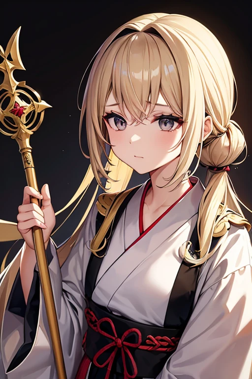 Blonde girl with long hair, silver eyes, hair clips, slightly revealing exorcist clothes from the heian era, holding a staff, Loose hair with two small ponytails on the sides