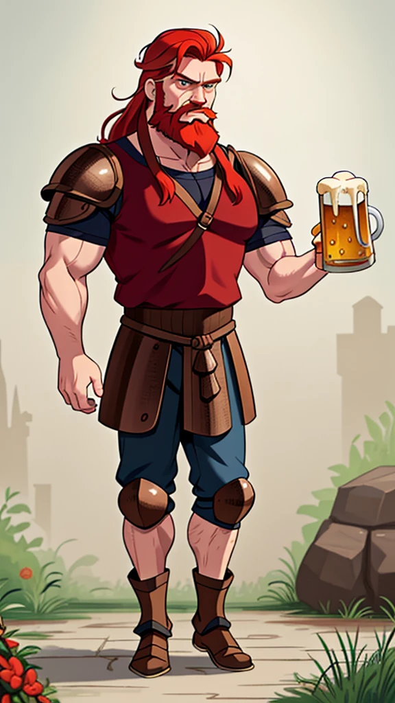 Ingólfr Einarr is a 40-year-old red-haired Viking man with a full and long beard, extroverted, muscular and very attractive, who wears his imposing medieval armor. hyper detailed and super realistic. cartoon style. Ingólfr Einarr raising his arm and holding a mug of beer