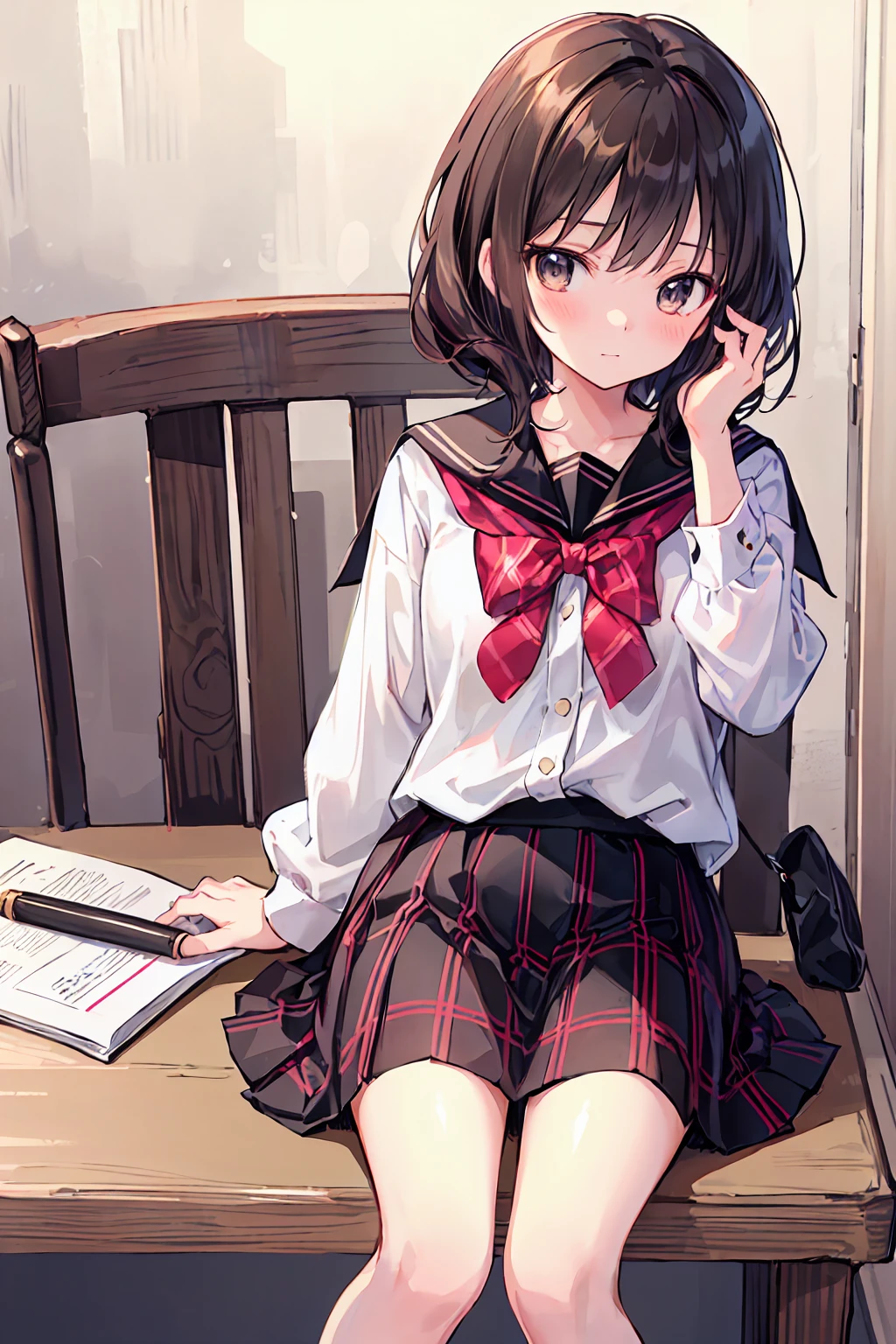 Highest quality，Beautiful face in every detail，cute，Dark brown eyes，(背の低いcute女の子，Little young student，Young and delicate girl）,（masterpiece，Highest quality)，Black Hair，Sleepy look，Plaid black skirt